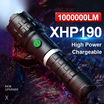 1000000Glare Potente Lanterna Led 18650 Recarregável Usb XHP190 XHP50.2 Led de Alta Potência da Tocha Flash de Luz impermeável da lâmpada