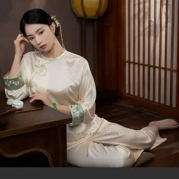 2022 chinês tradicional pijama mulheres do laço de gelo seda set smooth menina doce lar roupas camisa &calças pijamas vintage sleepwear