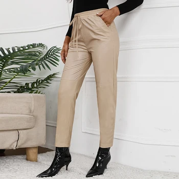 2022 Nova Moda das Mulheres de Cintura Alta Cordão de Couro Preto Faux Calças de Senhora PU Solta Lápis, Calças Elegantes Bolso Streetwear