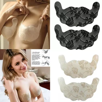 2Pairs Push Up Bras para as Mulheres autoadesiva do Laço de Malha Peito Adesivos Invisível Mama sem Alças do Sutiã Invisível Mamilo Adesivos