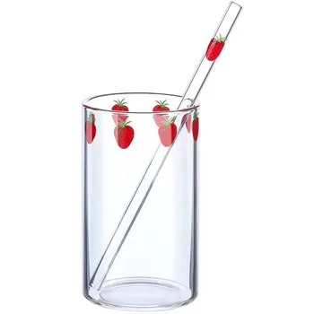 300ml de Morango Bonito Nórdicos Copo de Vidro com Palha Criativo Água Transparente Xícara de Leite Caneca de Vidro Resistente ao Calor Presente de Natal