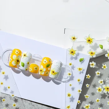 3D Prego Decalques Flor Amarela Auto-adesivas para Unhas Estilo coreano Unha Folha de Envoltórios para DIY Manicure Decorações