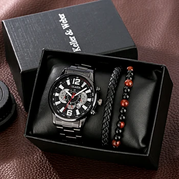 3PCS Moda, Relógios de Pulso para Homens Gift Set de Luxo de Negócios Calendário Relógio de Quartzo Bracelete Frisado Conjunto de Regalos Para Hombre