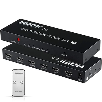 4K@60Hz HDMI Switch Divisor de 2x4 HDMI Switcher de Vídeo 2 em 4 Conversor com SPDIF & Áudio de 3,5 mm Suporte 4K 1080P HDCP2.2 HDR