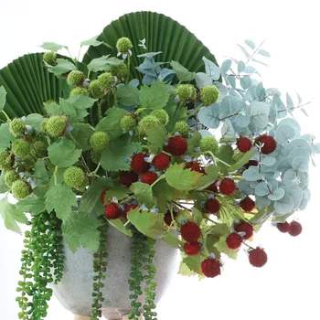 Artificial folhas verdes da planta mágica de frutas vermelhas bola falso ramo de flores home hotel de casamento decoração floral