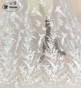 Bela flor pássaro bordado tecido do laço de casamento Romântico lantejoulas DIY vestido de renda frete grátis RS1639