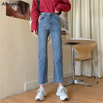 Calça Jeans reta de Mulheres de Lazer Rasgado coreano Estilo Chique, Moderno, Simples de Todos-jogo Básico Ulzzang Feminino Inferior Jeans Primavera, Outono