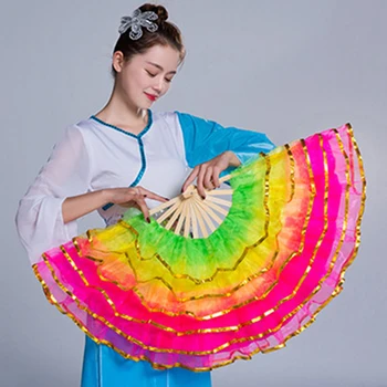 Colorido De Dobramento De Tingimento De Seda Fã Dançarina Prática Imitação De Seda Fãs De Estilo Chinês, Feito A Mão Yangko Performance De Dança Adereços