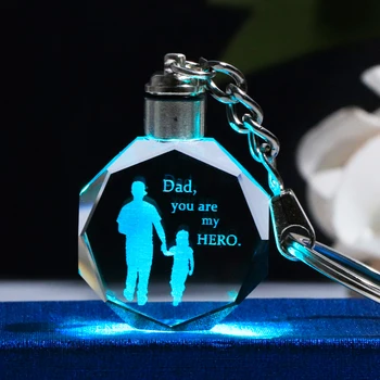 Cristal do Dia do Pai Presente Chaveiro Laser Gravado Chave de Vidro, Anel de Presente para o Pai LED Colorido da Lembrança para o Pai