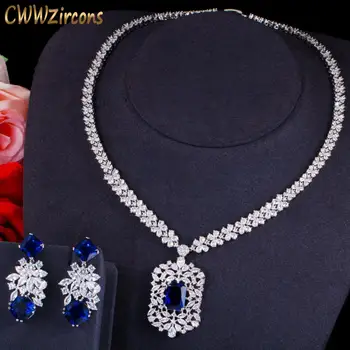 CWWZircons Brilhante Ouro Branco Cor Azul Royal CZ Pedra de Mulheres de Casamento de Luxo Colar e Brincos Conjunto de Jóias para Noivas T495