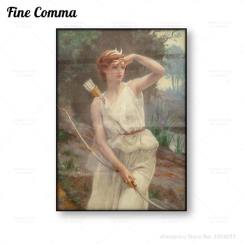 Diana, a Caçadora Guillamume Seignac Pintura Vintage Poster Tela Reprodução de Impressão Mitologia Gogddess Caça Lua Arte de Parede