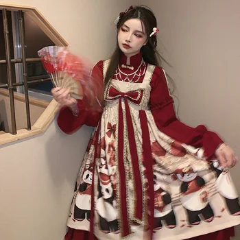 Estilo chinês impresso vest palácio de princesa doce lolita vestido vintage falbala cintura alta a impressão vestido vitoriano kawaii girl