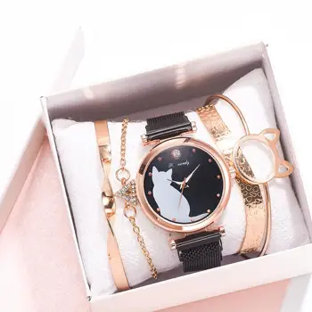 Gato de Marcação Bracelete Magnético Conjunto de Relógios de Luxo, o Vestido das Mulheres Pulseira Relógio de Quartzo de Moda Senhoras Relógio de Pulso Presente Zegarek Damski