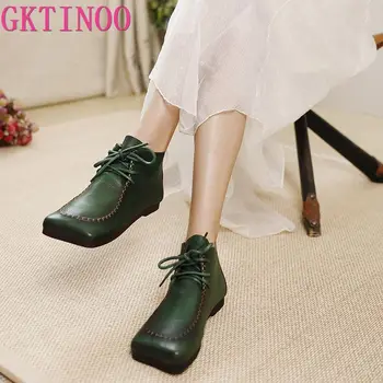 GKTINOO Tornozelo Botas Para Mulheres Sapatos de Couro Genuíno Lace-up de Mulheres Botas de 2022, a Nova Praça de Toe Liso Com Costura de Sapatos de Senhoras