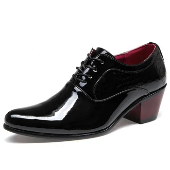 Homens do Laço Aumento da Altura de Sapatos de Moda Britânico Apontou Couro envernizado com Salto Alto Vestido de Noiva Derby Sapatos de Homens Oxfords 2A