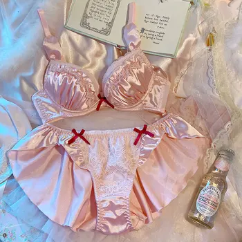 Lolita Princess Pink Sutiã Conjunto Bralette Lingerie Sem Costura Orelhas De Coelho Underwire Empurre-A Para Cima Do Sutiã E Calcinha Conjunto De Roupa Interior Das Mulheres Meninas