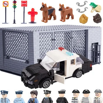 MOC Prisão Blocos de Construção Ladrão de Polícia a Figura de Peças de Armas da Cidade de Street View Carro Gaiola Sinal de Trânsito de Construção Tijolos Brinquedos de Menino