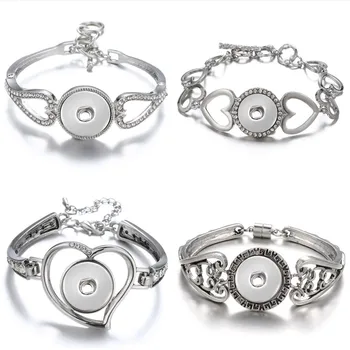 Nova Moda de prata oca chapeada de Strass, corações snap Bracelete pulseira 22 cm de ajuste de 18MM botão snap jóias por atacado