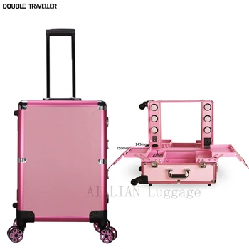 Novo carrinho de saco de cosméticos de grande capacidade, A caixa de maquiagem rolamento de bagagem com o DIODO emissor de luz da multi-função mala de carrinho