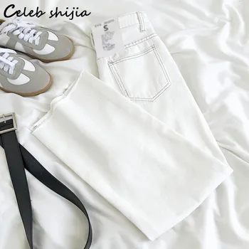 Novo Chique Calças Brancas Mulher De Borla Cintura Alta Jeans Reta Calças Femininas Inferior Coreano Moda Vintage Rua Jeans Mom