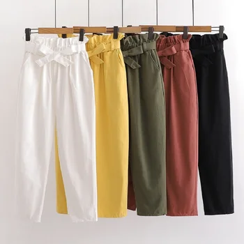 O coreano Algodão Vintage calças 2021 Verão Novo Arco de cadarço Elástico na Cintura Casual Calças femininas de Todos-jogo Harlan Capri Calças