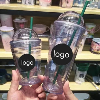 Transparente dupla camada com o logotipo de plástico xícara de café 16OZ conveniente copa do portátil palha copo de suco de xícara de água copa do presente