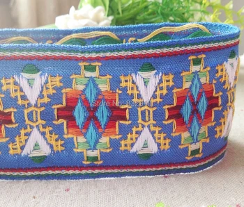 Zakka artesanal acessórios DIY laço de fita de poliéster tecido Jacquard Fita com Étnica Bordado de Fita de 5cm azul 22yards/monte