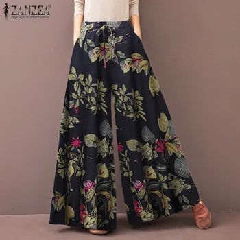 ZANZEA Mulheres de Perna Larga Calças Primavera Cintura Alta Vintage Floral Impresso Calças Casuais Solta Longo Pantalon Palazzo S-